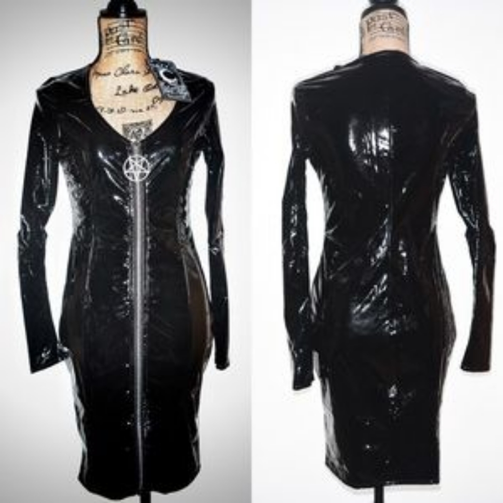 Killstar Black Vinyl Long-Sleeve Midi Dress - Picture 2 of 7
